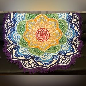 Round Rainbow Mandala Tapestry with Purple Tassels💜